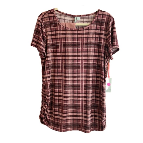 ELLE Ruched Top & Scarf Set Short Sleeve Scoop Neck Pink Plaid Large - Picture 2 of 11